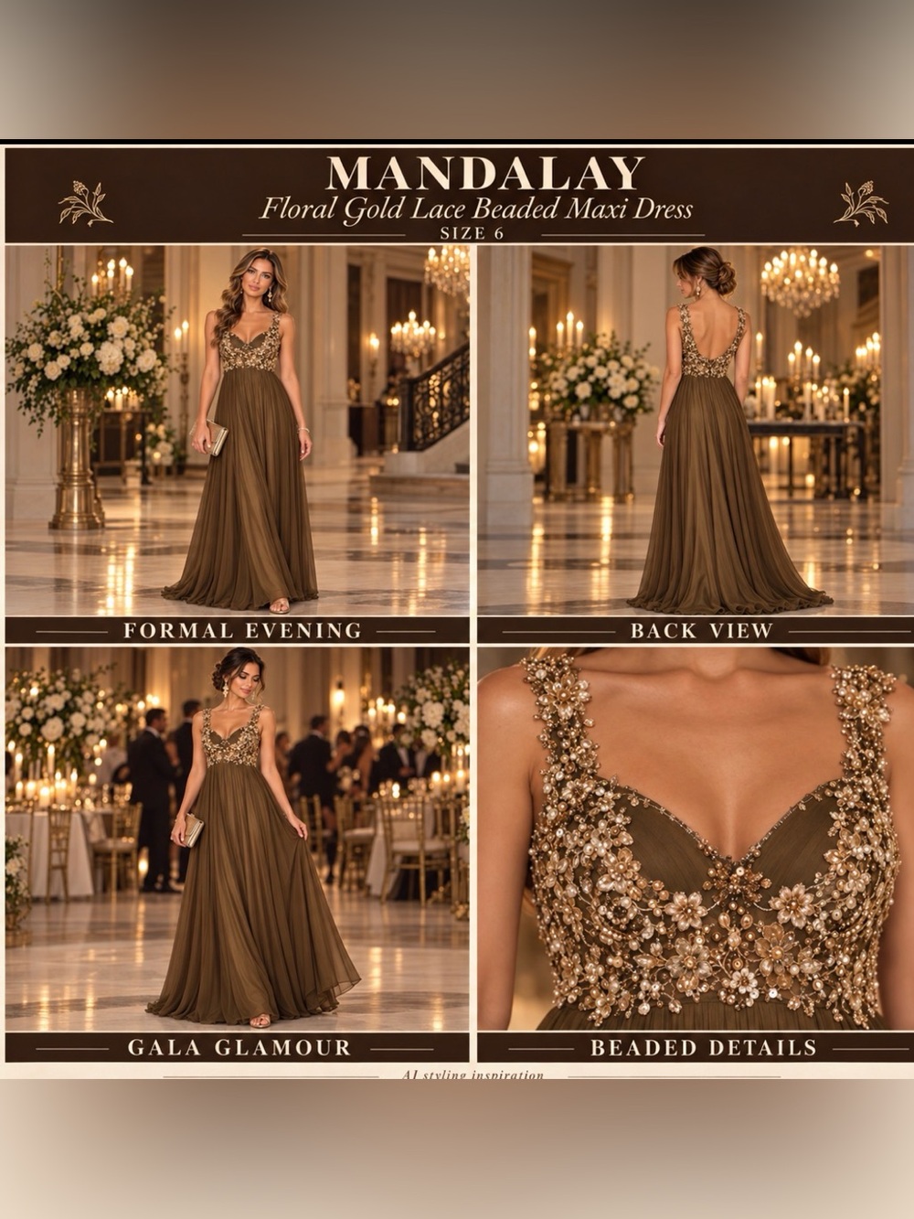 Mandalay Floral Gold Lace Beaded Maxi Dress Women 6 NEW Elegant Dinner Parties